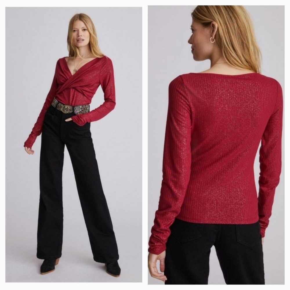 ANTHROPOLOGIE Holiday Balletcore Twist Front Wrap Top Red Medium